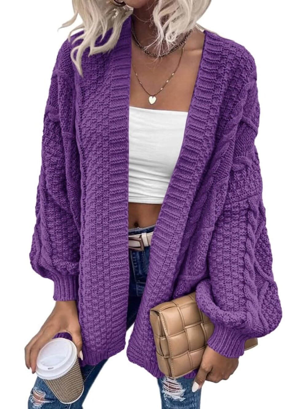 Women's Purple Lantern Style Long Sleeve Oversized Knit Cardigan Sweater